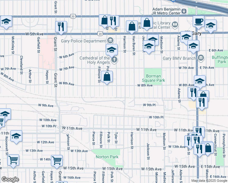 map of restaurants, bars, coffee shops, grocery stores, and more near 801 Polk Street in Gary