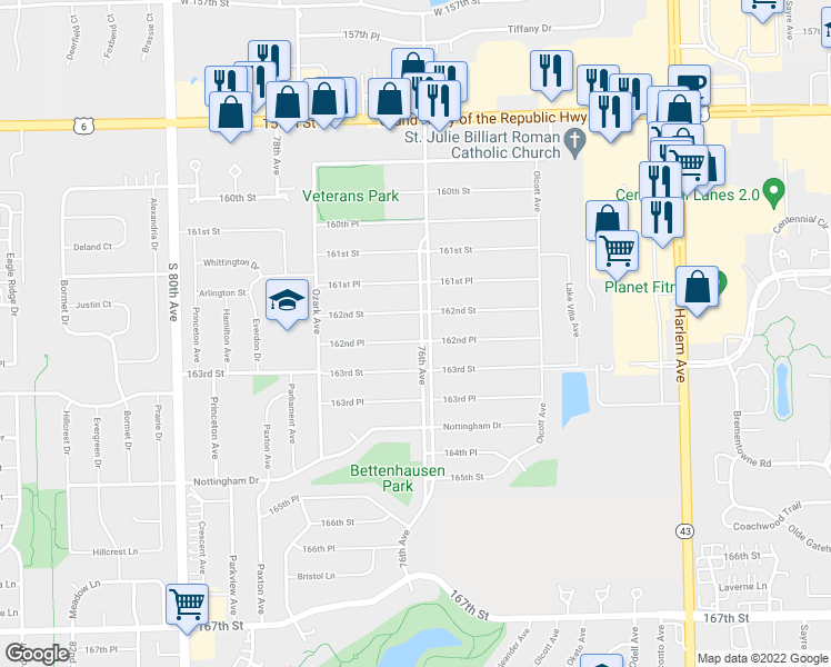 map of restaurants, bars, coffee shops, grocery stores, and more near 16230 76th Avenue in Tinley Park