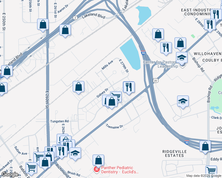 map of restaurants, bars, coffee shops, grocery stores, and more near 1321 East 276th Street in Euclid
