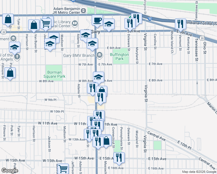 map of restaurants, bars, coffee shops, grocery stores, and more near 801 Connecticut Street in Gary