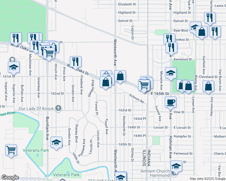 map of restaurants, bars, coffee shops, grocery stores, and more near 147 River Oaks Drive in Calumet City