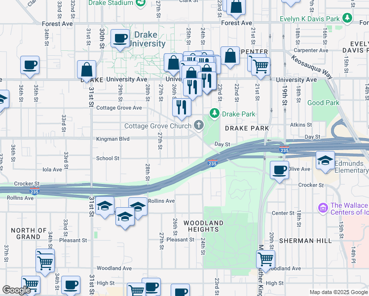 map of restaurants, bars, coffee shops, grocery stores, and more near 2416 Kingman Boulevard in Des Moines