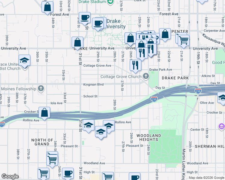 map of restaurants, bars, coffee shops, grocery stores, and more near 2820 Kingman Boulevard in Des Moines