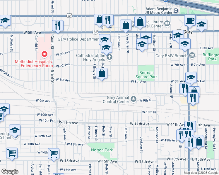 map of restaurants, bars, coffee shops, grocery stores, and more near 824 Tyler Street in Gary