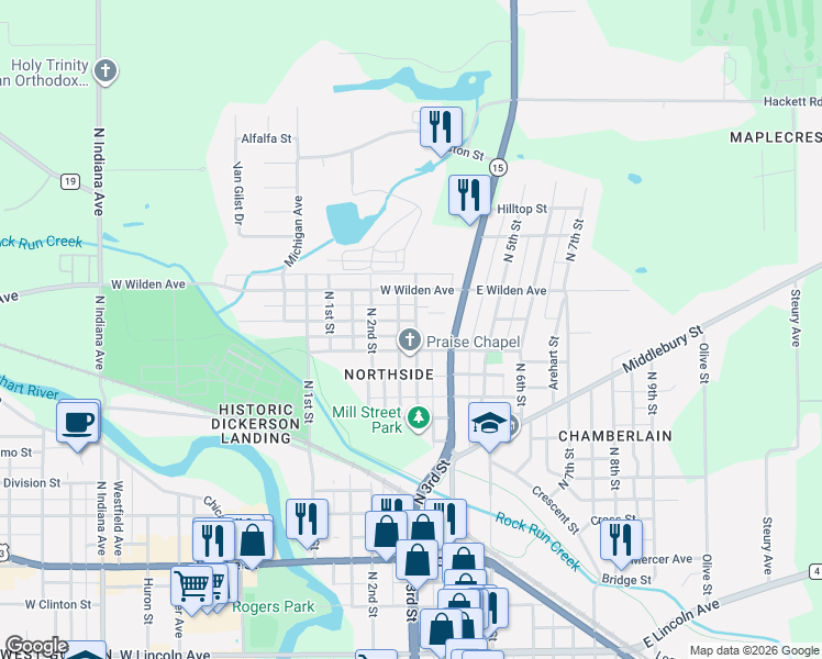 map of restaurants, bars, coffee shops, grocery stores, and more near 800-848 North 3rd Street in Goshen