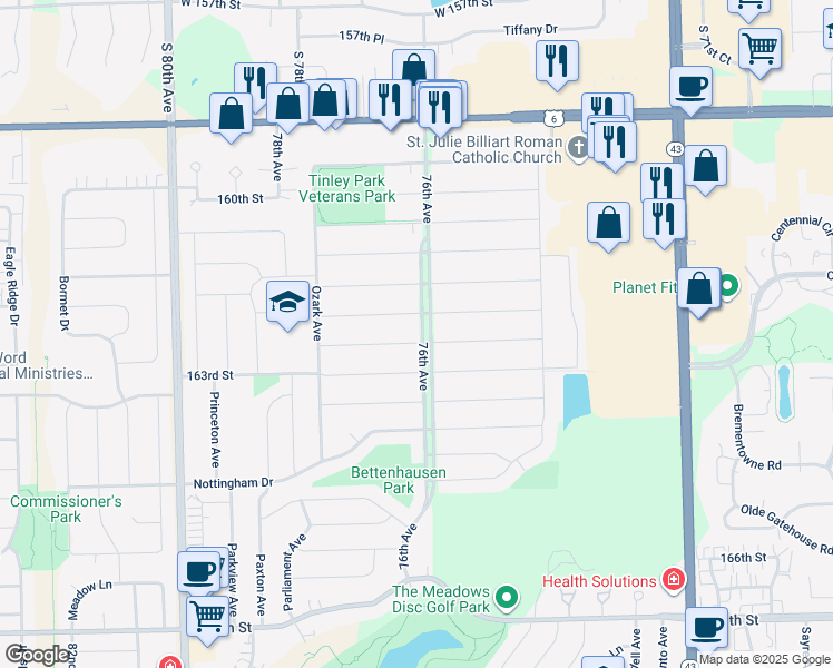 map of restaurants, bars, coffee shops, grocery stores, and more near 16206 76th Avenue in Tinley Park