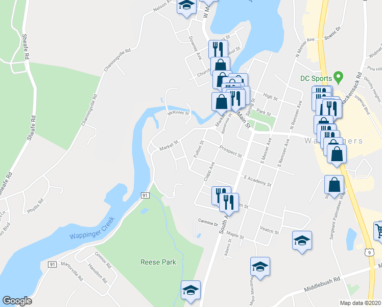 map of restaurants, bars, coffee shops, grocery stores, and more near 29 Fulton Street in Wappingers Falls