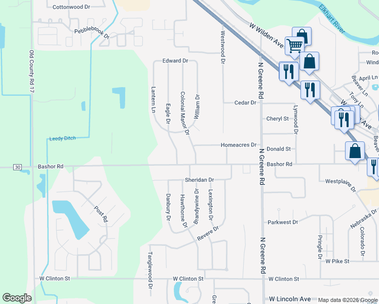 map of restaurants, bars, coffee shops, grocery stores, and more near 828 Colonial Manor Drive in Goshen