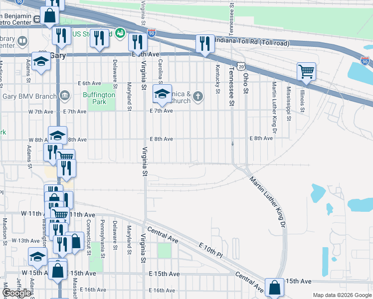 map of restaurants, bars, coffee shops, grocery stores, and more near 801 Rhode Island St in Gary