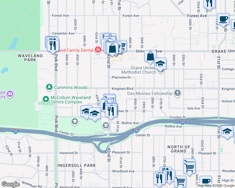 map of restaurants, bars, coffee shops, grocery stores, and more near 4120 Kingman Boulevard in Des Moines