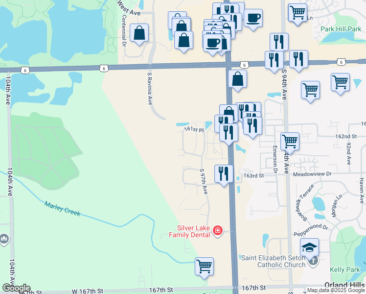 map of restaurants, bars, coffee shops, grocery stores, and more near 16143 Hillcrest Circle in Orland Park