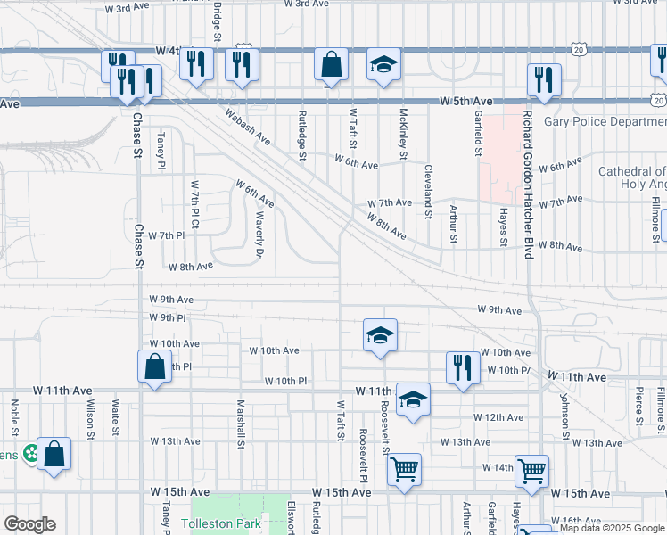 map of restaurants, bars, coffee shops, grocery stores, and more near 2305 Waverly Drive in Gary