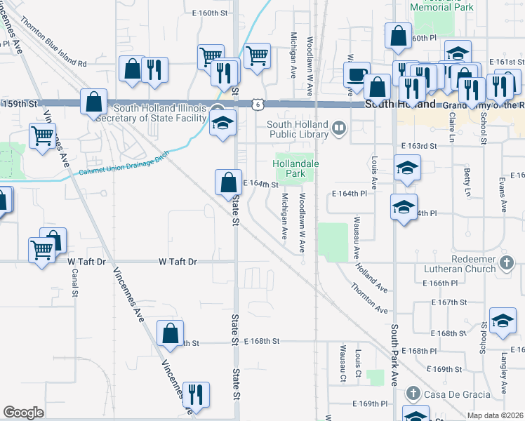 map of restaurants, bars, coffee shops, grocery stores, and more near 16419 Wabash Avenue in South Holland
