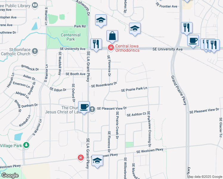 map of restaurants, bars, coffee shops, grocery stores, and more near 510 Southeast Rosenkranz Drive in Waukee