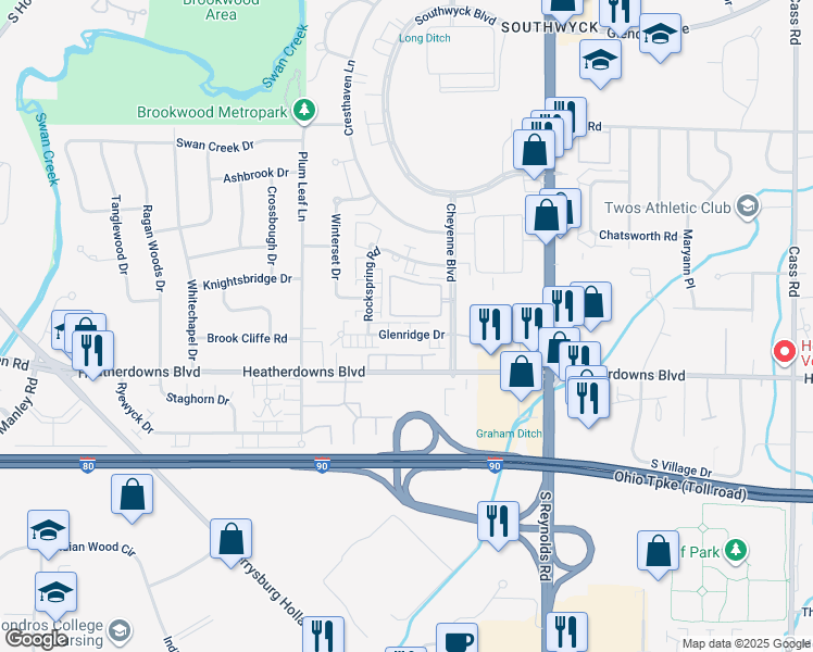 map of restaurants, bars, coffee shops, grocery stores, and more near 5428 Glenridge Drive in Toledo
