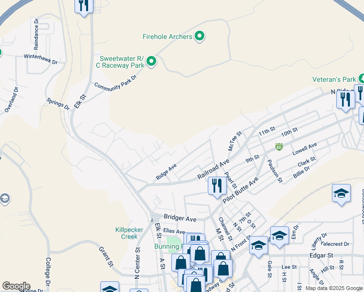 map of restaurants, bars, coffee shops, grocery stores, and more near 811B Ridge Avenue in Rock Springs