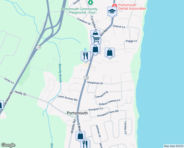 map of restaurants, bars, coffee shops, grocery stores, and more near 2451 East Main Road in Portsmouth