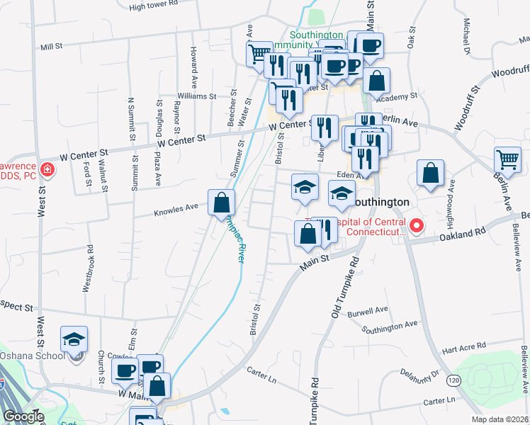 map of restaurants, bars, coffee shops, grocery stores, and more near 50 Railroad Avenue in Southington