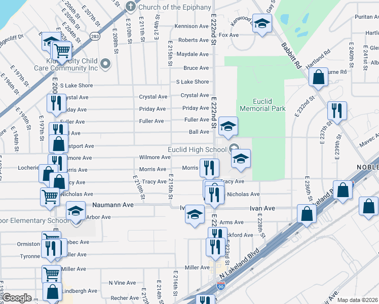 map of restaurants, bars, coffee shops, grocery stores, and more near 21670 Westport Avenue in Euclid