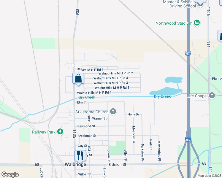 map of restaurants, bars, coffee shops, grocery stores, and more near Walnut Hills M H P Road 3 in Walbridge