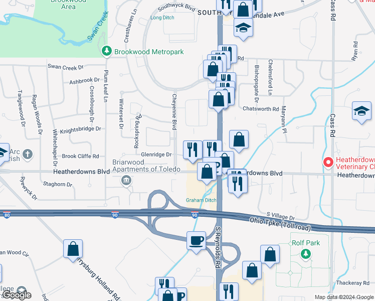 map of restaurants, bars, coffee shops, grocery stores, and more near 2415 Cheyenne Boulevard in Toledo