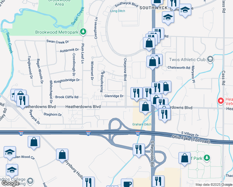 map of restaurants, bars, coffee shops, grocery stores, and more near 2406 Cheyenne Boulevard in Toledo