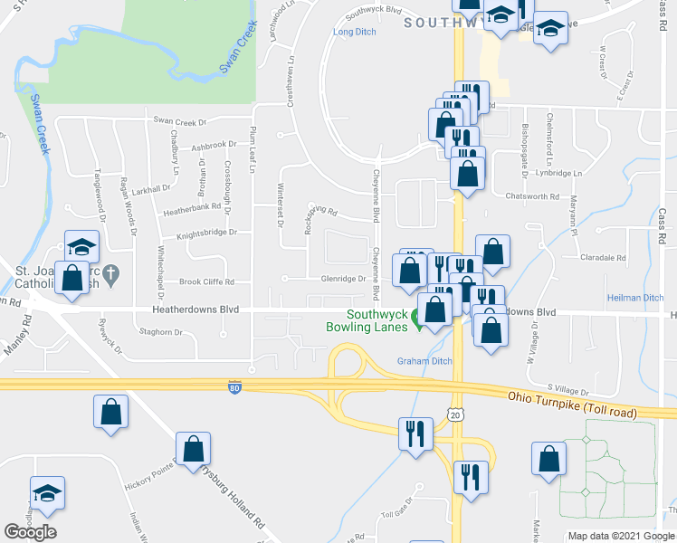 map of restaurants, bars, coffee shops, grocery stores, and more near 2406 Cheyenne Boulevard in Toledo