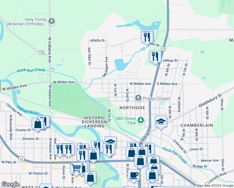 map of restaurants, bars, coffee shops, grocery stores, and more near 317 Queen Street in Goshen