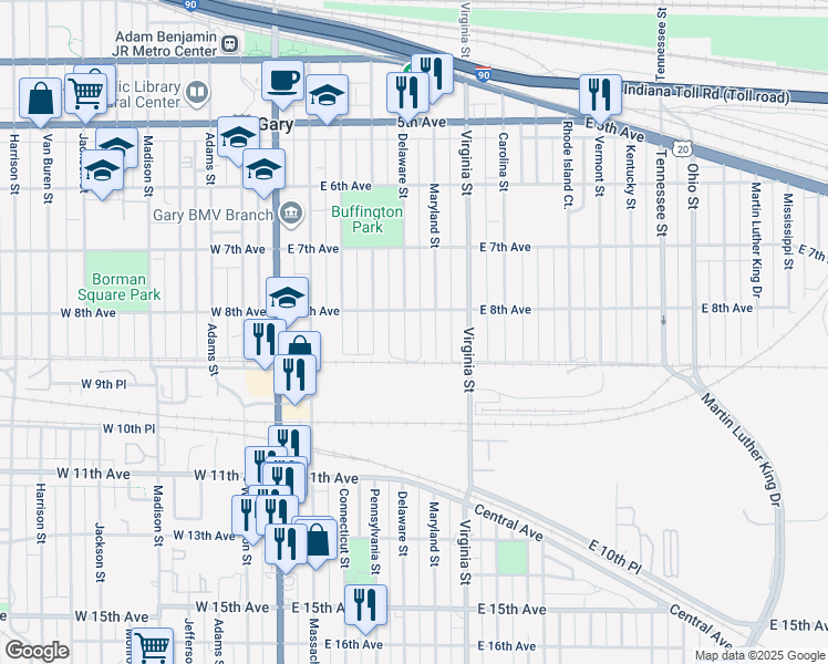 map of restaurants, bars, coffee shops, grocery stores, and more near 449-499 East 8th Avenue in Gary