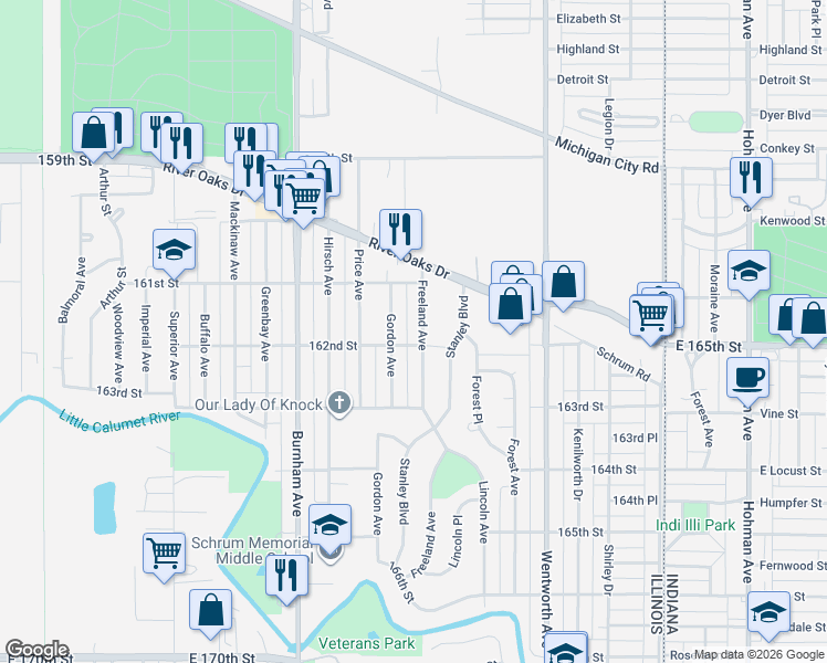 map of restaurants, bars, coffee shops, grocery stores, and more near 1325 Gordon Avenue in Calumet City