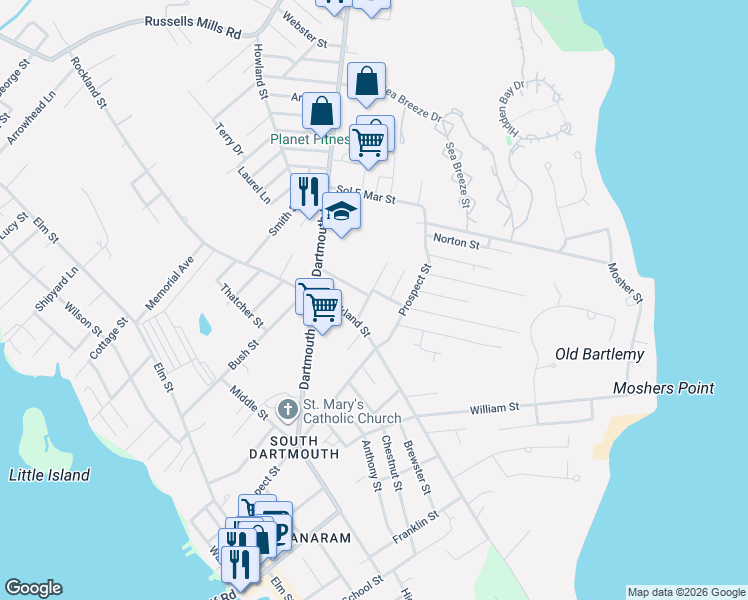 map of restaurants, bars, coffee shops, grocery stores, and more near 15 Hartford Street in Dartmouth