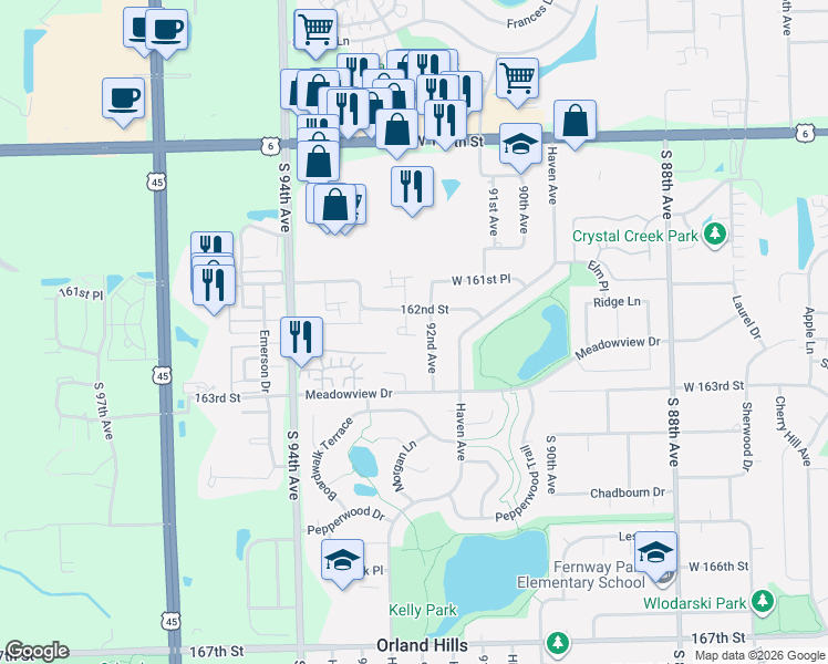map of restaurants, bars, coffee shops, grocery stores, and more near 16201 Fox Court in Orland Hills
