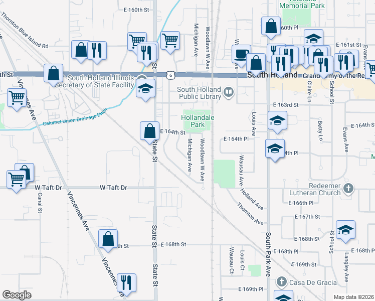 map of restaurants, bars, coffee shops, grocery stores, and more near 16419 Wabash Avenue in South Holland