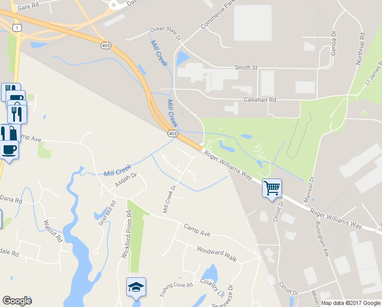 map of restaurants, bars, coffee shops, grocery stores, and more near 630 Mill Creek Drive in North Kingstown