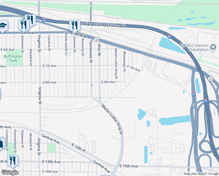 map of restaurants, bars, coffee shops, grocery stores, and more near 843 Louisiana Street in Gary