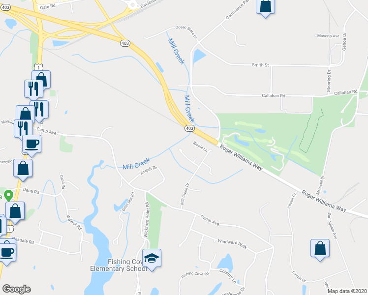 map of restaurants, bars, coffee shops, grocery stores, and more near 189 Waterwheel Lane in North Kingstown