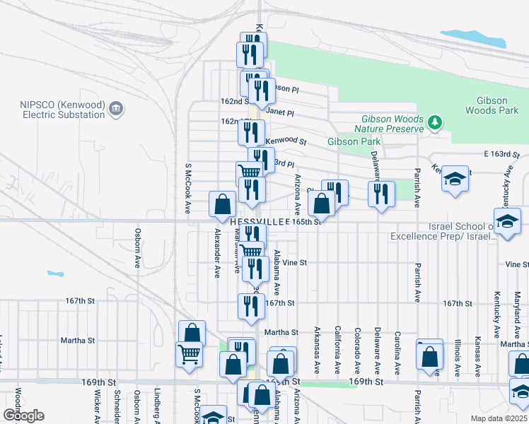 map of restaurants, bars, coffee shops, grocery stores, and more near 2826 164th Place in Hammond