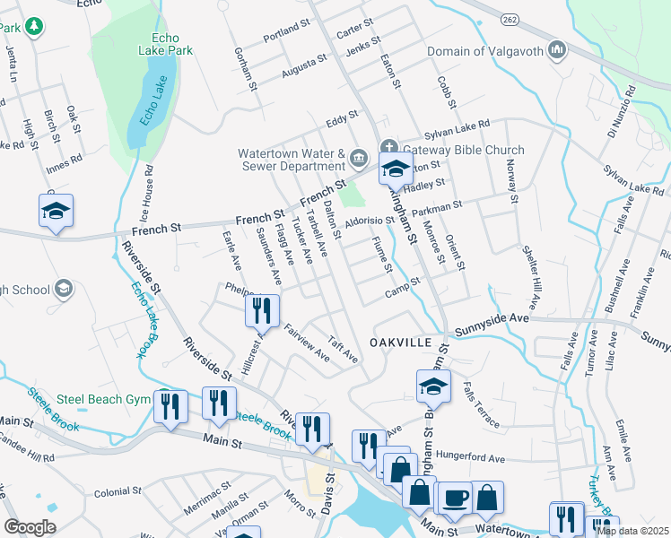 map of restaurants, bars, coffee shops, grocery stores, and more near 159 Tarbell Avenue in Watertown