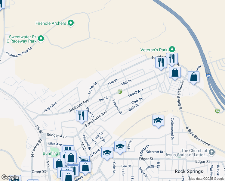 map of restaurants, bars, coffee shops, grocery stores, and more near 1213 10th Street in Rock Springs