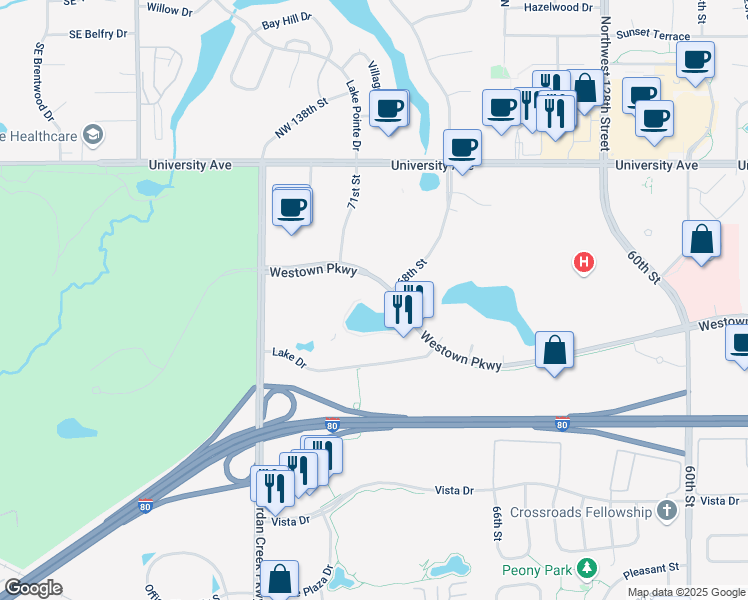 map of restaurants, bars, coffee shops, grocery stores, and more near 6900 Westown Parkway in West Des Moines