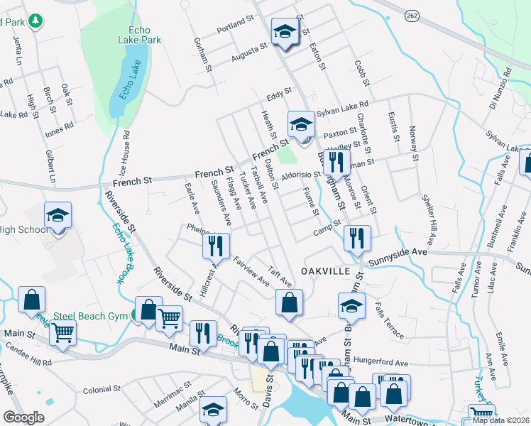 map of restaurants, bars, coffee shops, grocery stores, and more near 139 Tarbell Avenue in Watertown