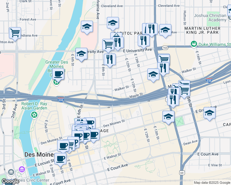 map of restaurants, bars, coffee shops, grocery stores, and more near 905 Walker Street in Des Moines