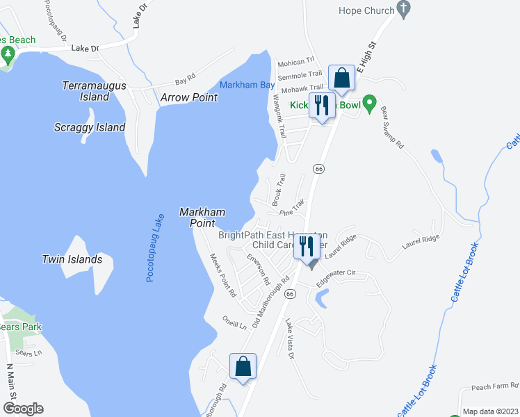 map of restaurants, bars, coffee shops, grocery stores, and more near 7 Clearwater Lane in East Hampton