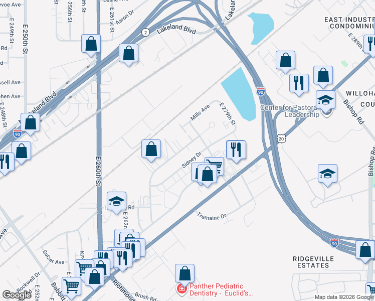 map of restaurants, bars, coffee shops, grocery stores, and more near 27402 Tungsten Road in Euclid
