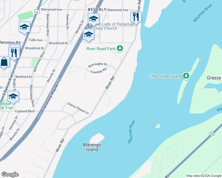 map of restaurants, bars, coffee shops, grocery stores, and more near 3827 River Road in Toledo