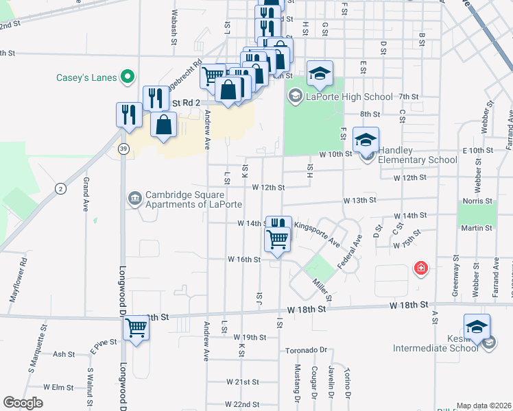 map of restaurants, bars, coffee shops, grocery stores, and more near 1303 K St in La Porte