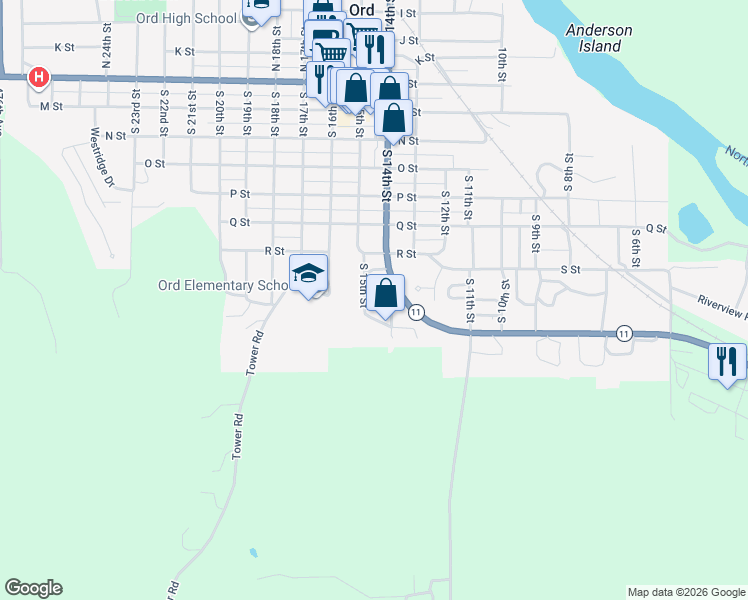 map of restaurants, bars, coffee shops, grocery stores, and more near 741-799 South 15th Street in Ord
