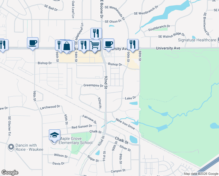 map of restaurants, bars, coffee shops, grocery stores, and more near Greenspire Drive in West Des Moines