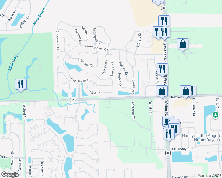 map of restaurants, bars, coffee shops, grocery stores, and more near 1458 Grand Haven Road in Romeoville