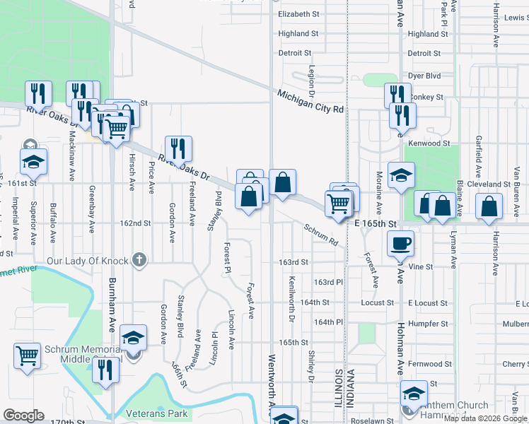 map of restaurants, bars, coffee shops, grocery stores, and more near 1332 Wentworth Avenue in Calumet City